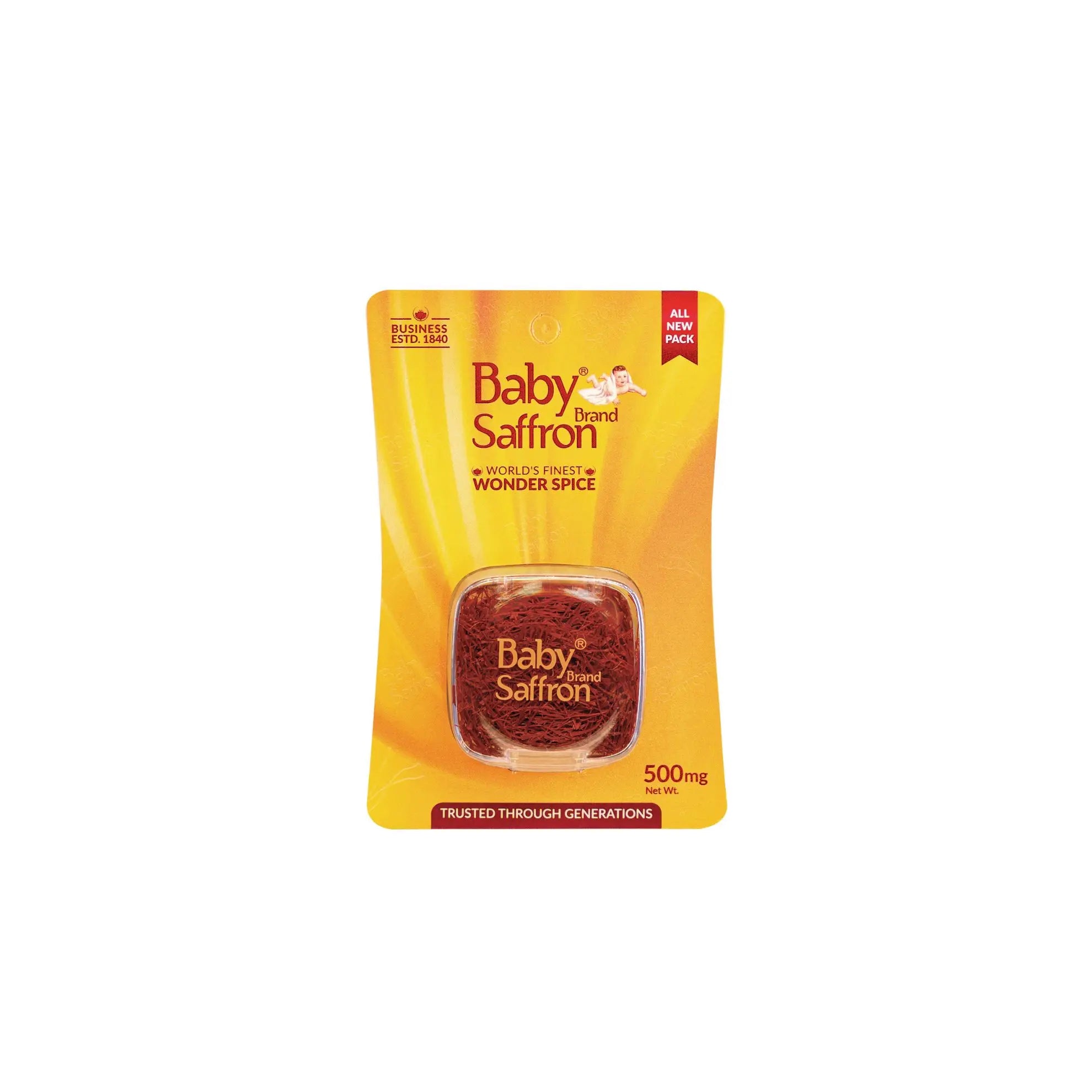 Yellow package of Baby Saffron kesar 0.5gm on a white background