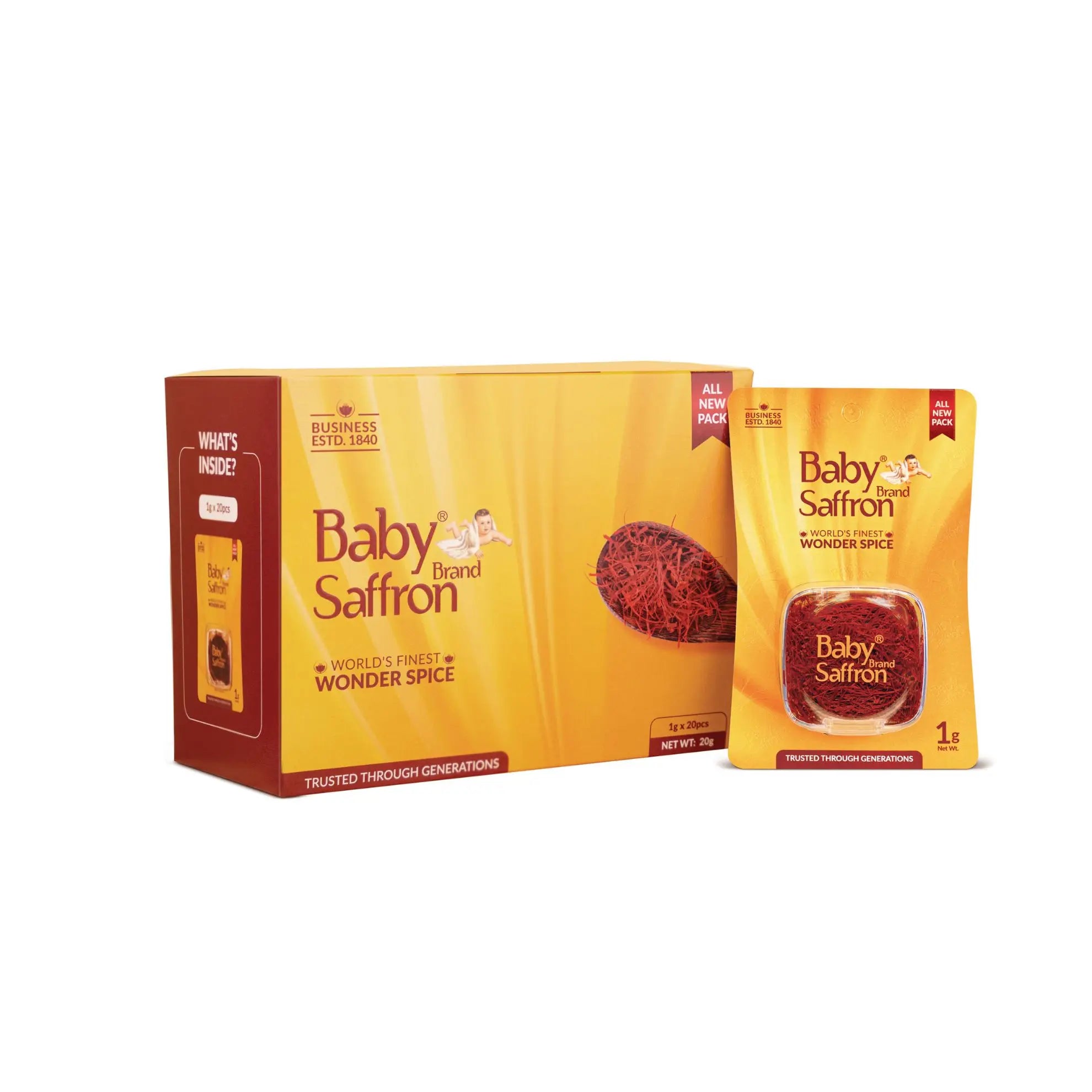 Baby Saffron packaging including a box and a packet on a white background