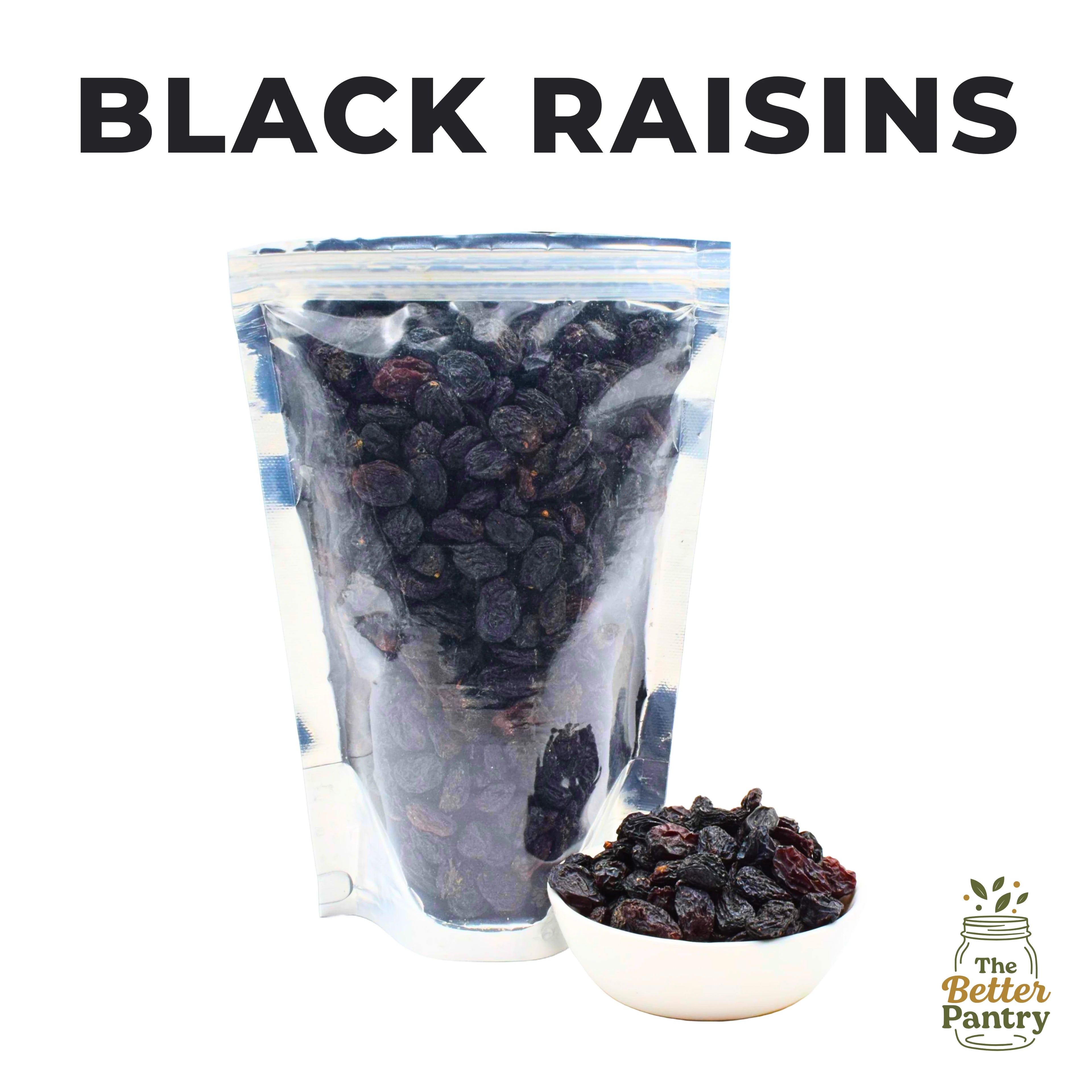 Bag of black raisins with a small bowl of raisins and 'The Better Pantry' logo.