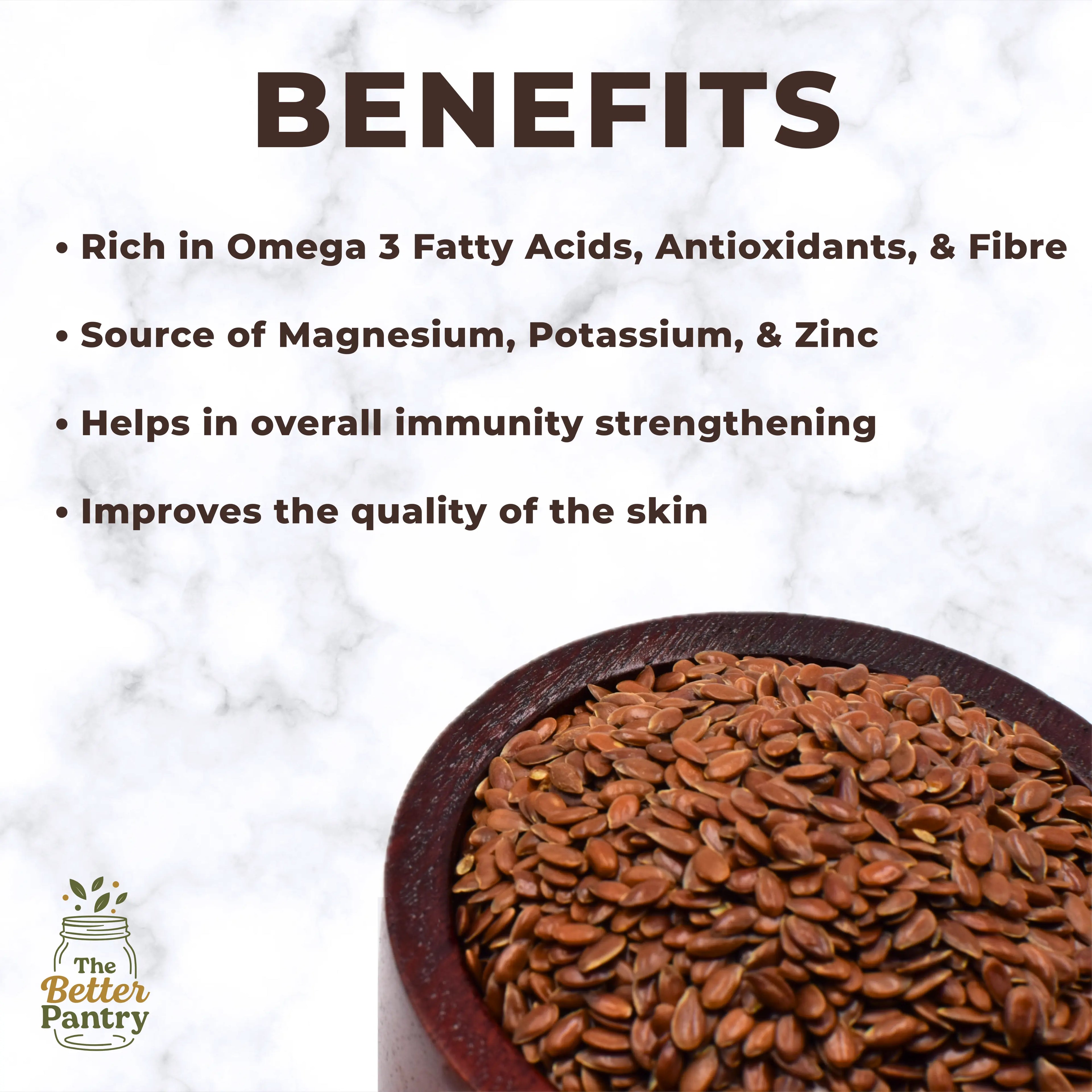 Wooden bowl filled with flax seeds on a marble background with text about benefits.