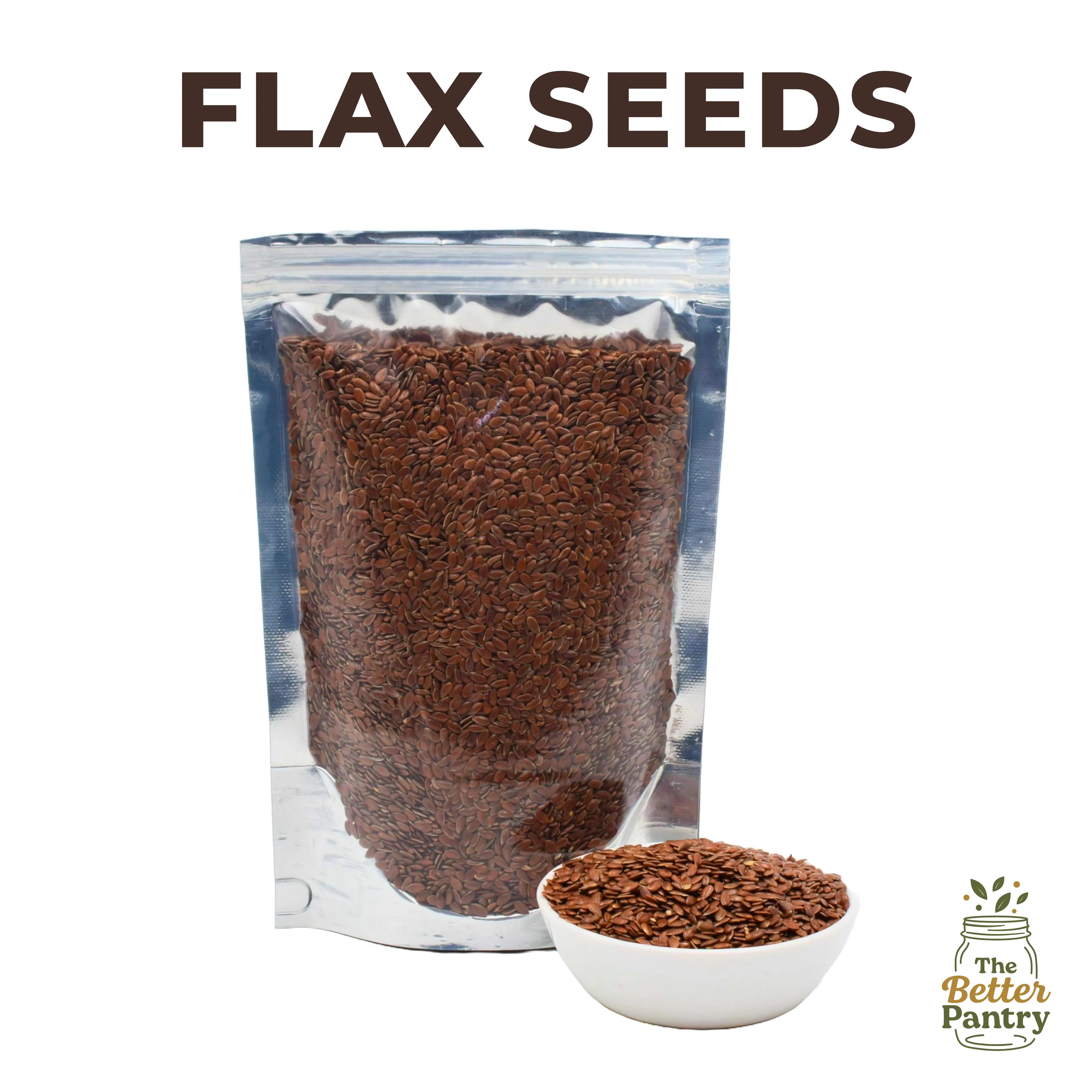 Bag of flax seeds with a bowl of flax seeds and 'The Better Pantry' logo on a white background