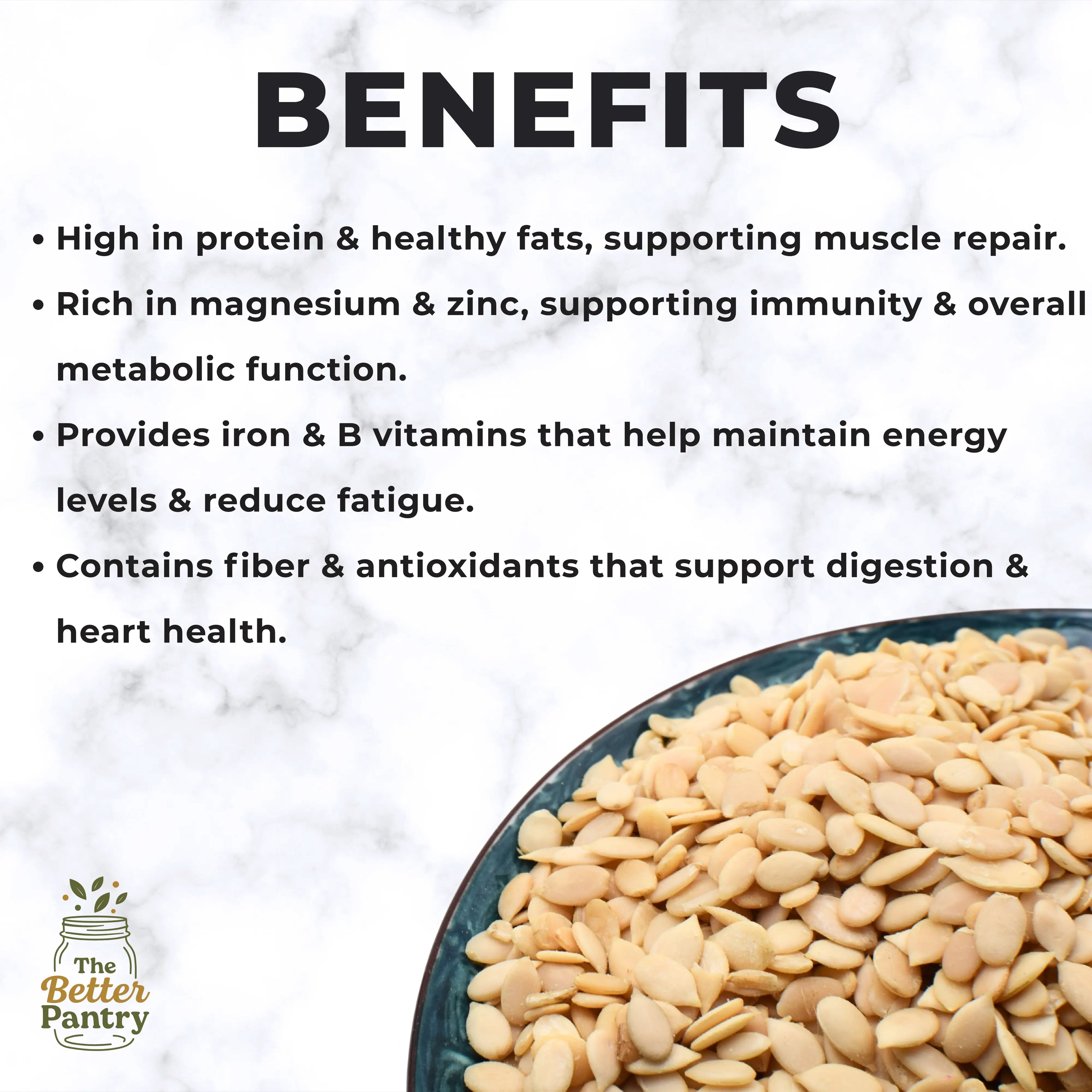 Text detailing health benefits of watermelon seeds with a bowl of seeds on a marble background, featuring 'The Better Pantry' logo.